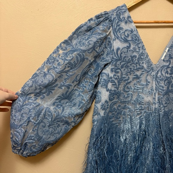 Ganni Feather-trim Brocade Mini Dress Mid Blue Size 34 XS - Picture 8 of 16